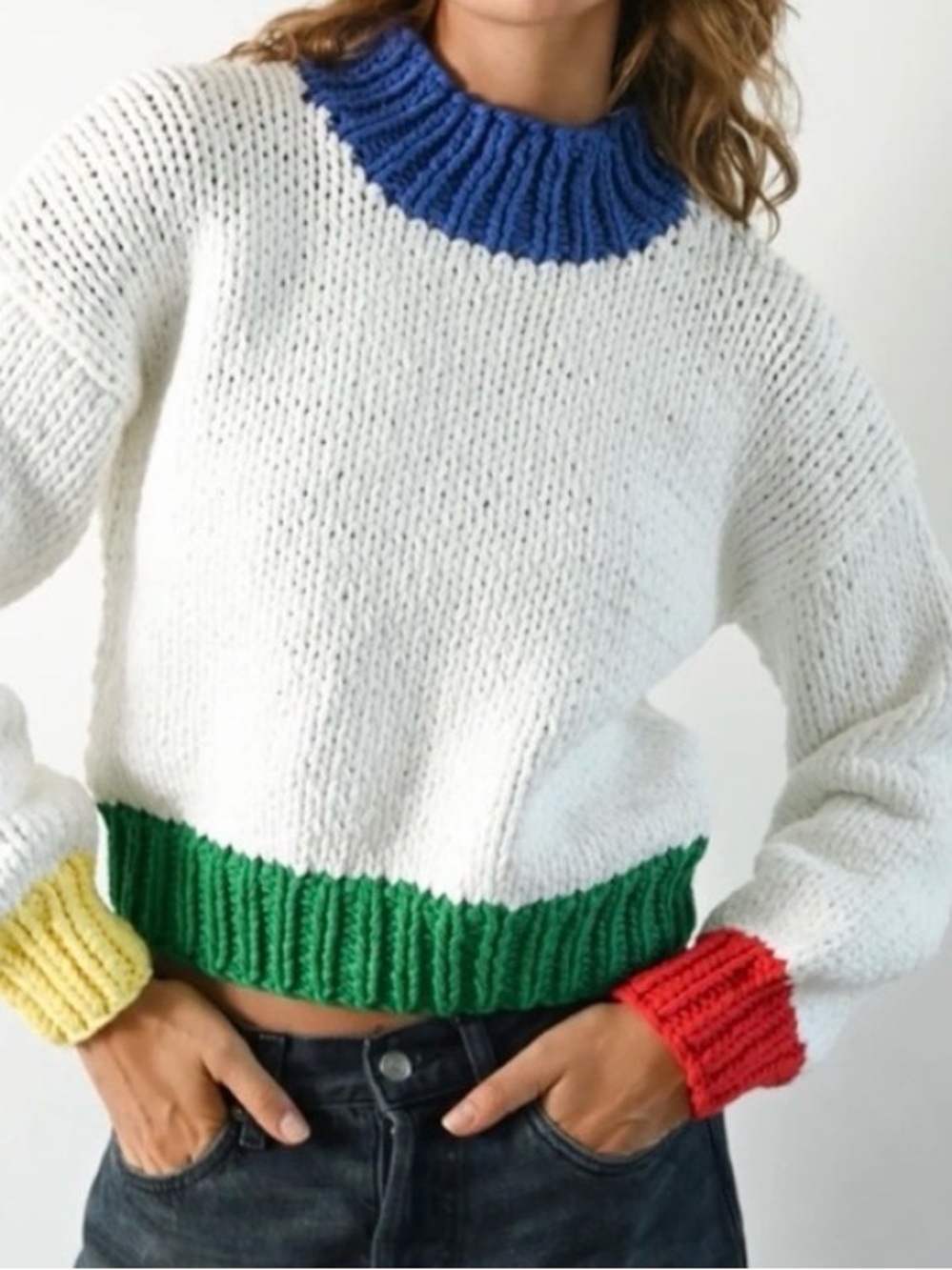 YLLW Woman’s Primary Colorblock White Cropped Drop Shoulder Zora Sweater